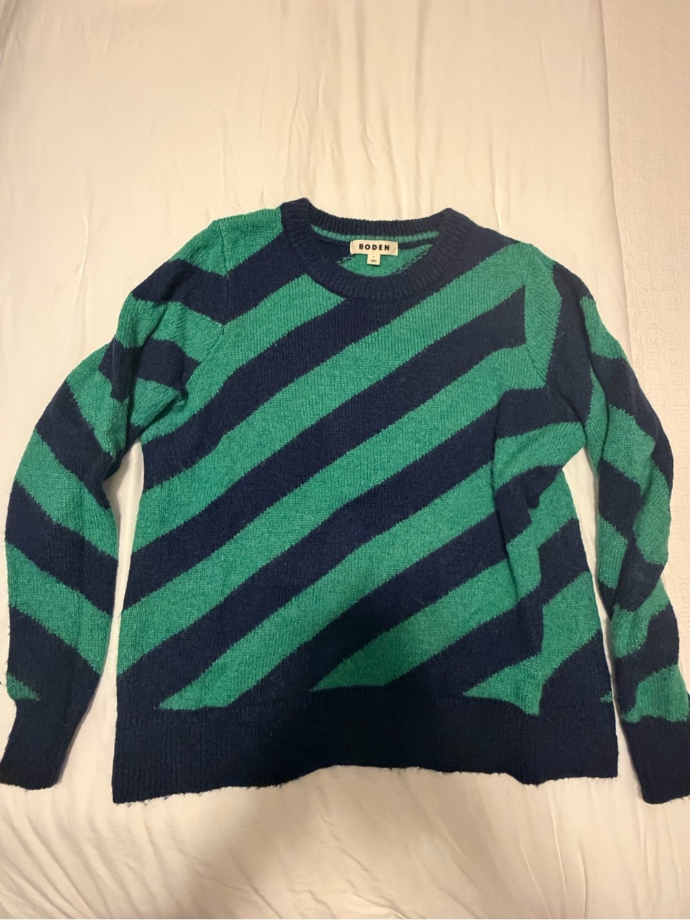 Boden Women's Diagonal Stripe Crewneck Sweater in Green and Navy